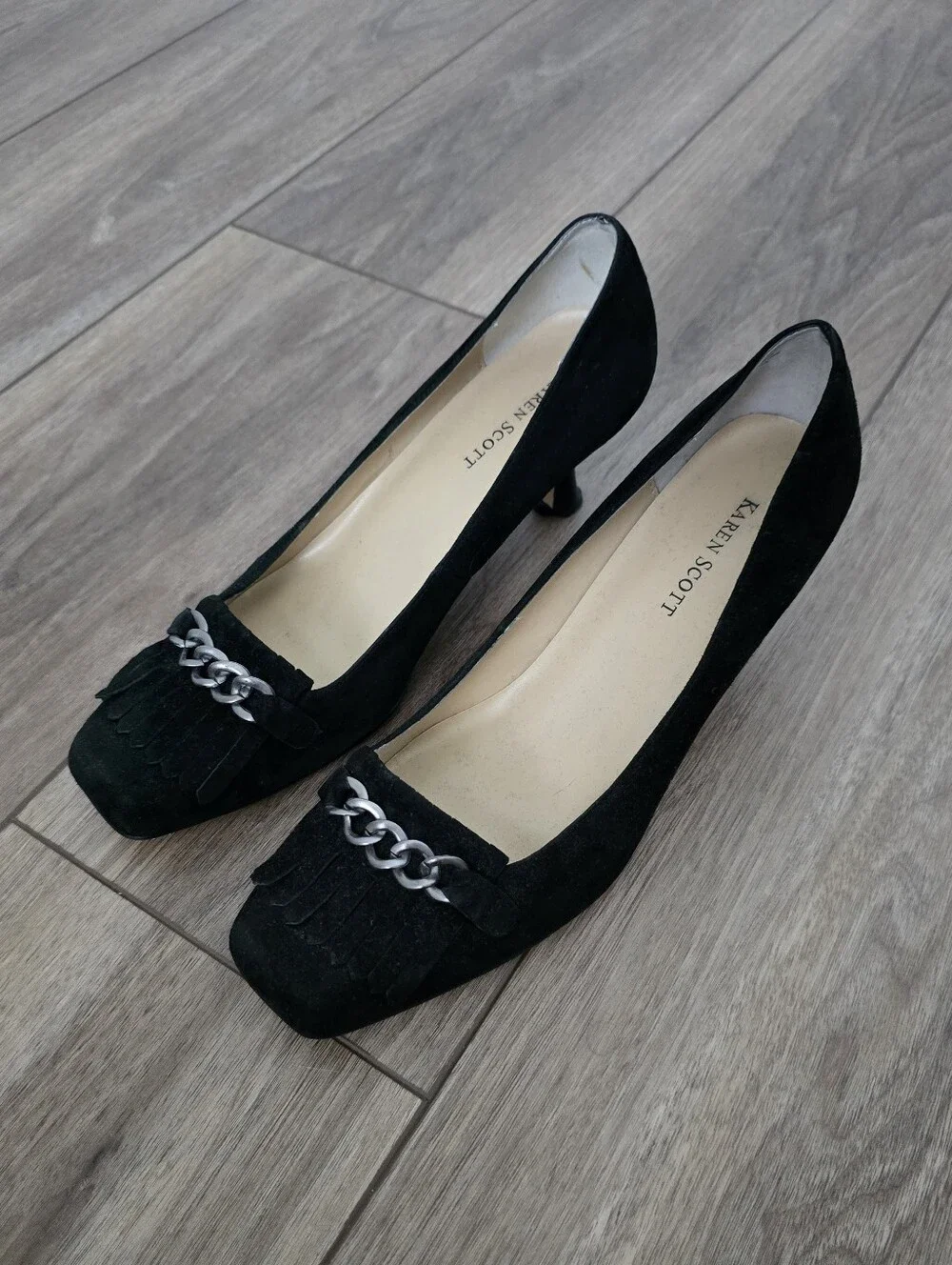 Karen Scott Black Suede Loafers with Silver Chain Accent